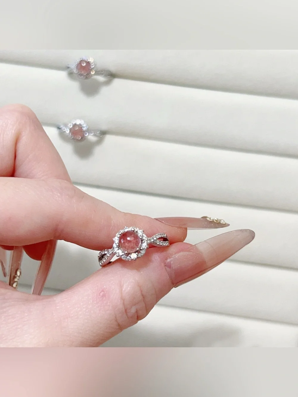Natural Strawberry Quartz Dainty Ring | Silver Plated | Adjustable Open Ring